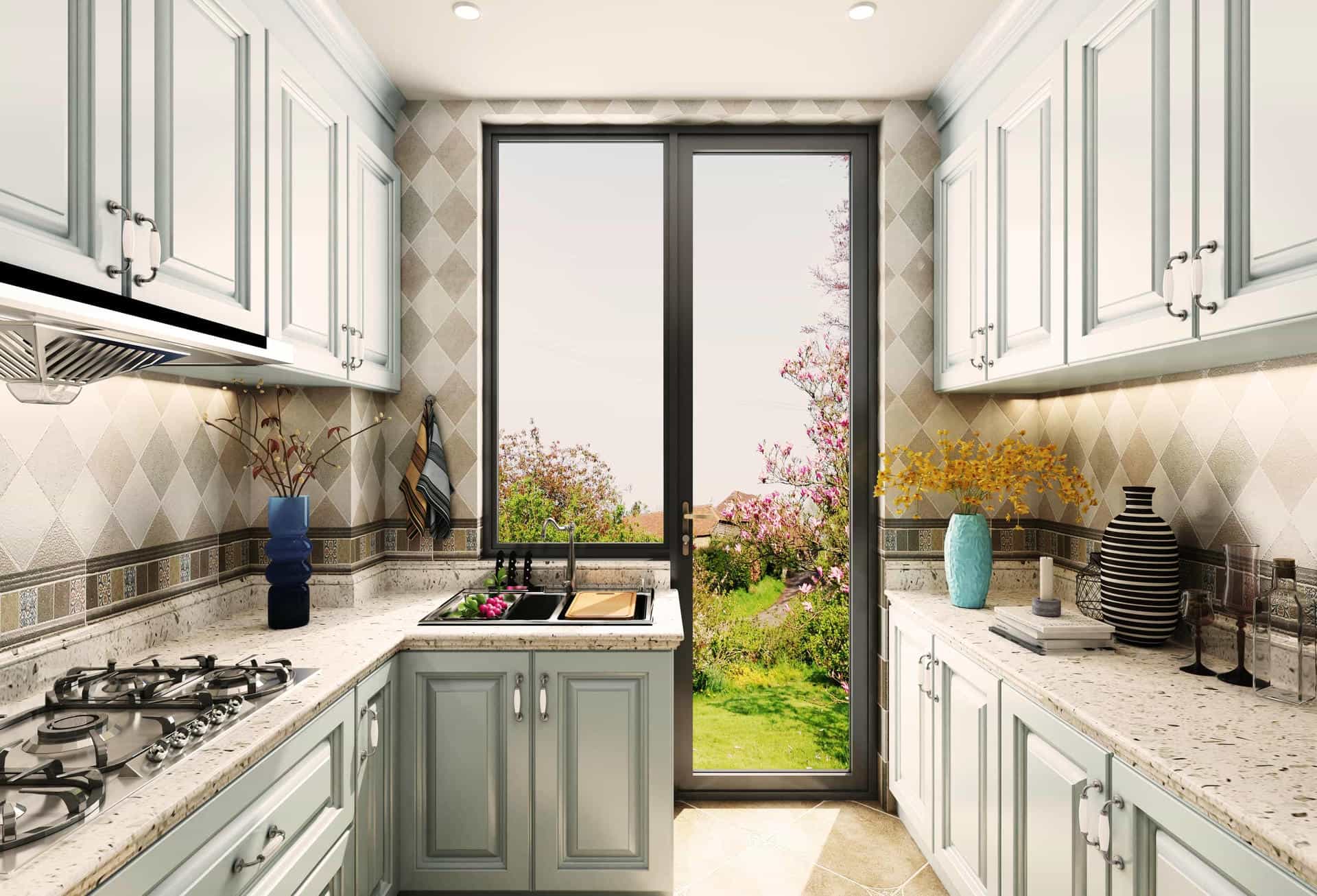 50D Series Residential Hinged Door LIKI 50D series aluminum hinged door used for a modern kitchen entrance with garden access.