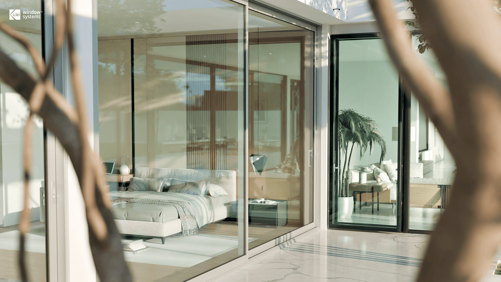 LIKI lift and slide aluminum door system in a contemporary bedroom, combining large glass panels with minimalist design and natural light.