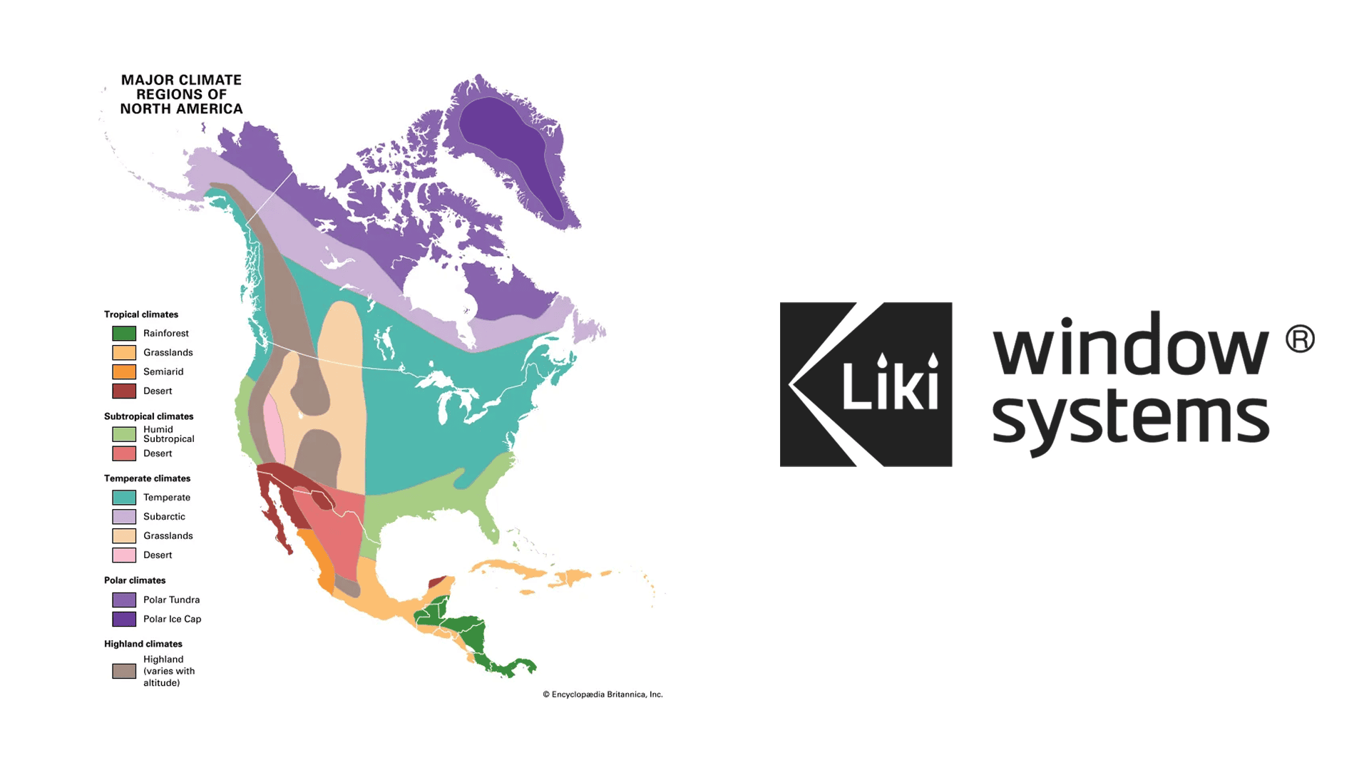 Map of major climate regions across North America showing tropical, subtropical, temperate, and polar zones, used by LIKI Window Systems to match aluminum window series to regional climate performance.
