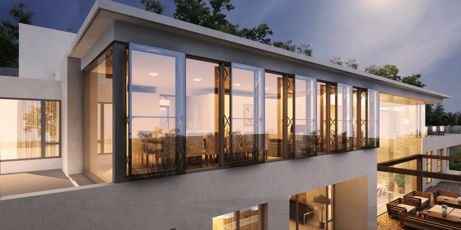 Modern home featuring LIKI parallel opening window system, offering uniform facade aesthetics and advanced natural ventilation performance.