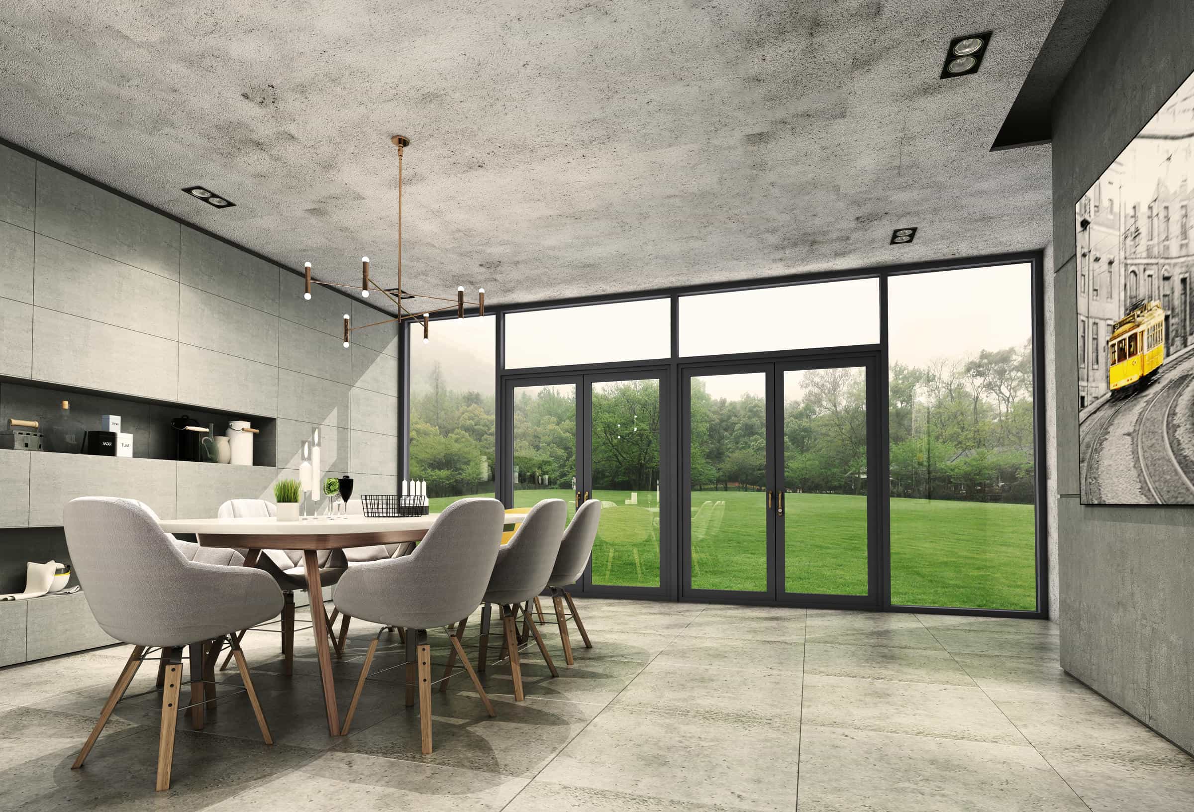 60DD Series Smart Thermal French Door LIKI 60DD series thermally broken aluminum French doors in a modern dining room featuring a sleek flush design.