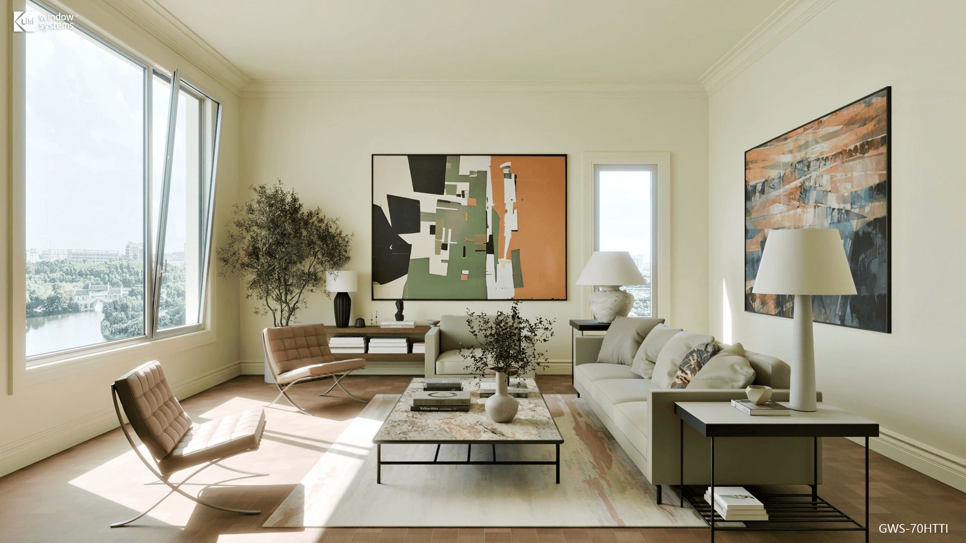 LIKI large aluminum window shown in the "Tilt" position, demonstrating secure top-ventilation that deflects rain while allowing fresh air into a modern living room.