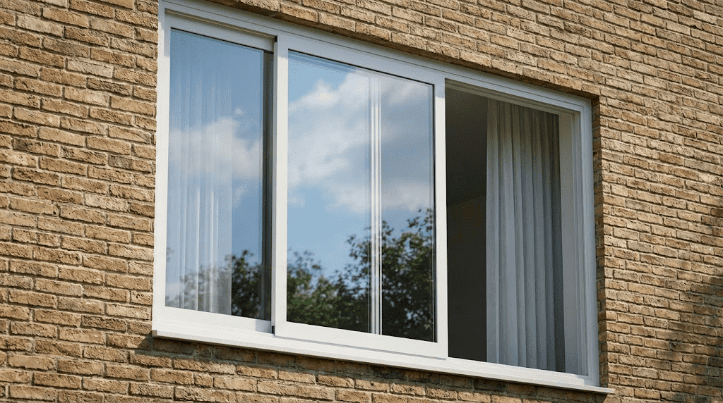 Modern 2-panel horizontal sliding window installed in a brick wall, demonstrating clean lines and space-saving functionality for limited exterior clearance.