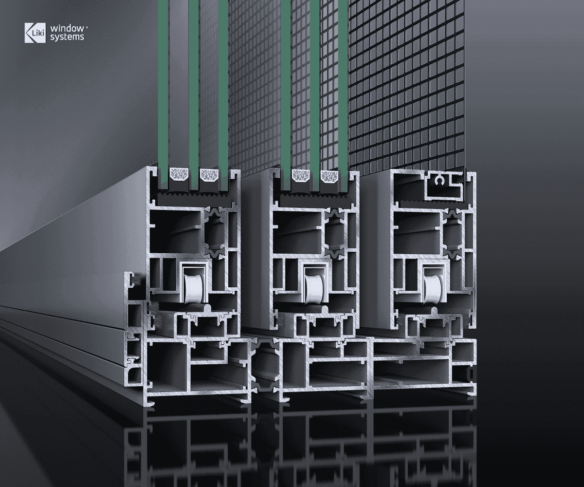Technical cross-section of a LIKI thermally broken aluminum triple-track sliding door profile, detailing the multi-chambered structure, integrated screen channel, and polyamide thermal break.