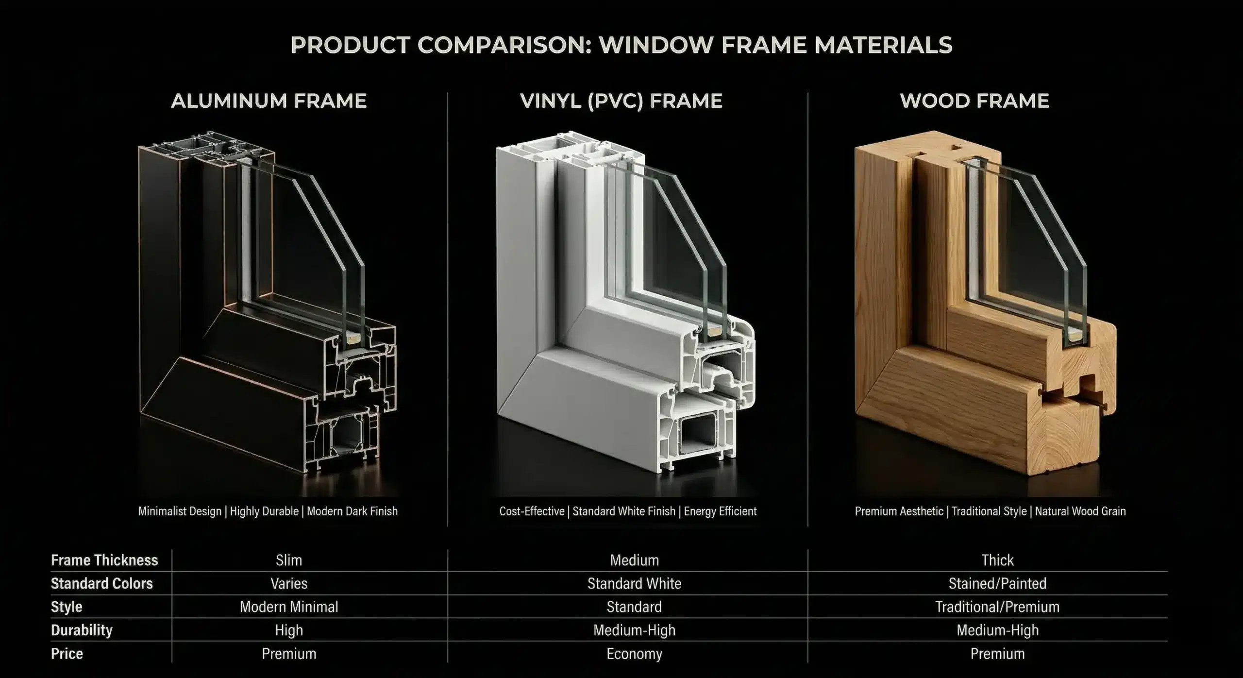 Comparison of aluminum, vinyl, and wood window frame materials