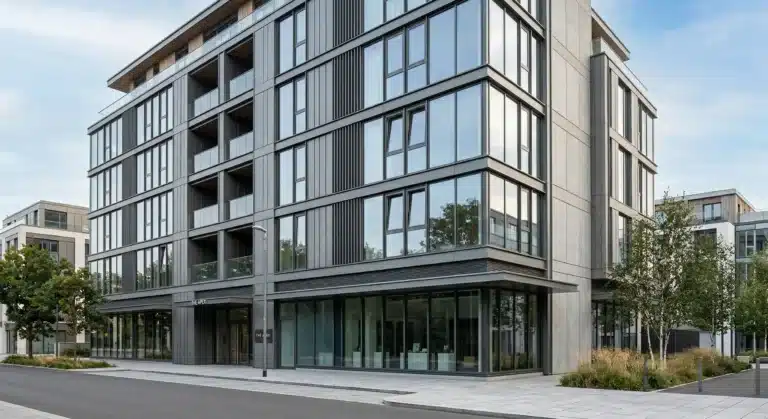 Modern building facade with high-performance aluminum window systems