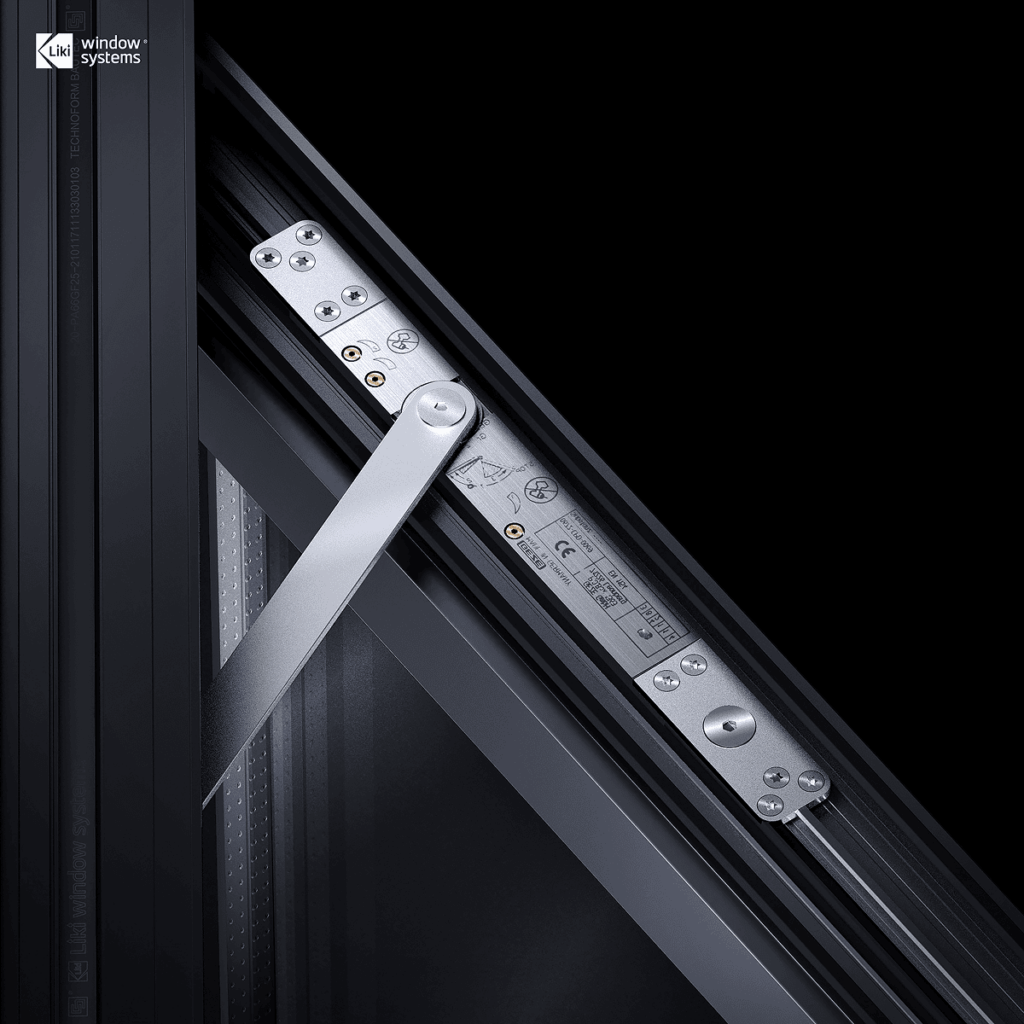 Close-up of heavy-duty friction stay hardware mechanism supporting a commercial aluminum awning window sash, engineered to resist wind uplift.