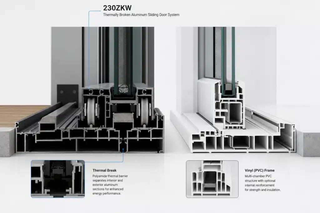 Thermally broken aluminum (liki 230 zkw sliding doors) and vinyl sliding door frame cross section comparison